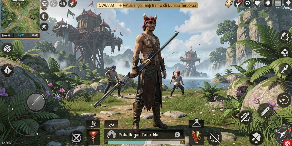 Tangkapan layar gameplay CW8888 menampilkan eksplorasi dunia terbuka yang luas.