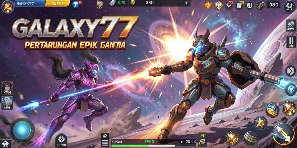 Screenshot gameplay GALAXY77 menampilkan pertarungan yang intens.