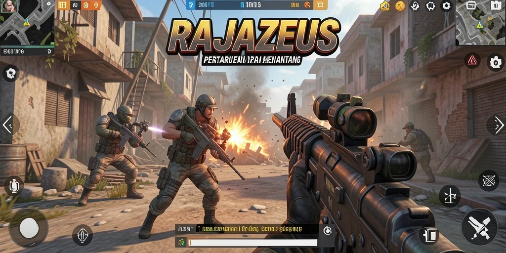 Tampilan seru gameplay RAJAZEUS dalam misi FPS.