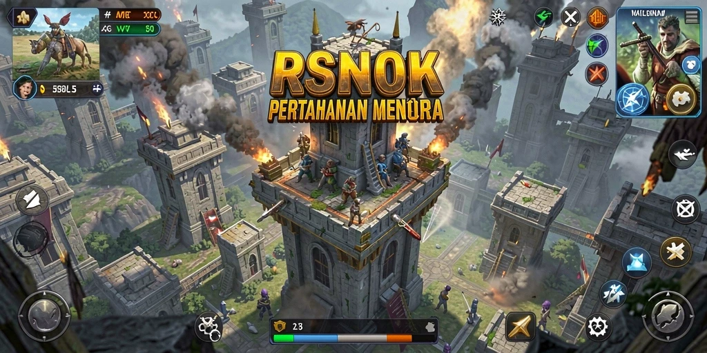 Screenshot gameplay RSNOK dengan menara pertahanan strategis.